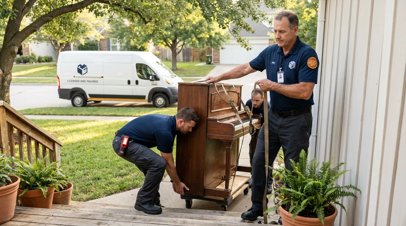 Licensed piano movers securing grand piano in Clay Center, NE