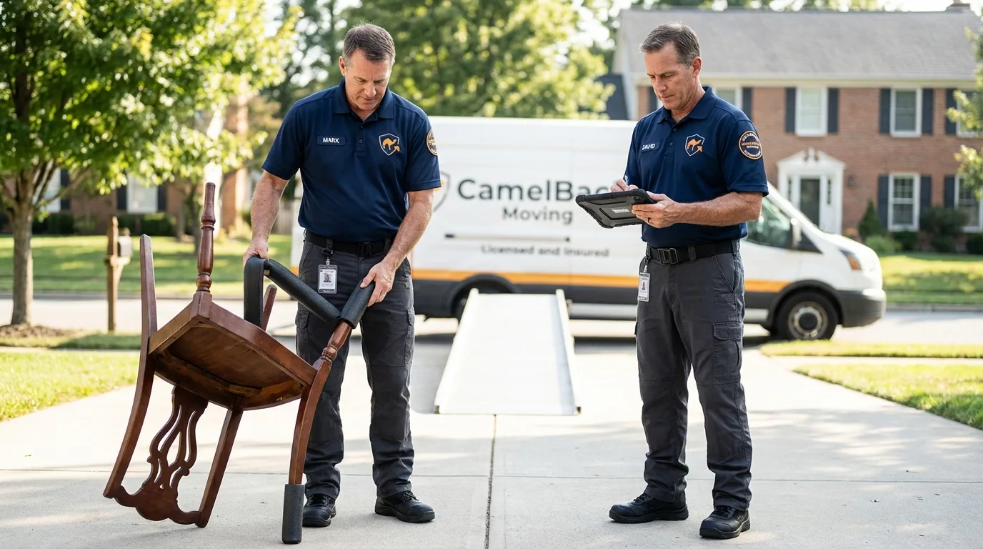 Movers inspecting furniture for damage prevention before loading in Clay Center, NE