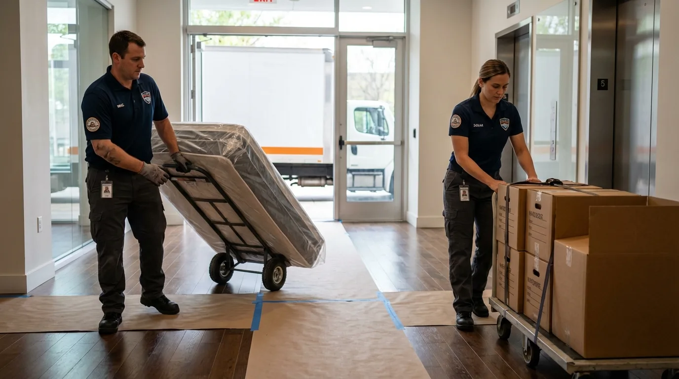 Professional apartment movers loading elevator in Clay Center, NE